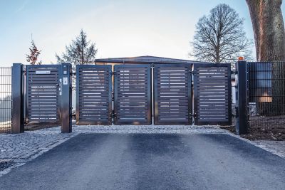 bi fold gate filled with wooden elements